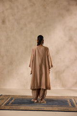 Champagne chanderi dori work  embroidered kurta paired with organic cotton slip, afgani salwar & organza dupatta