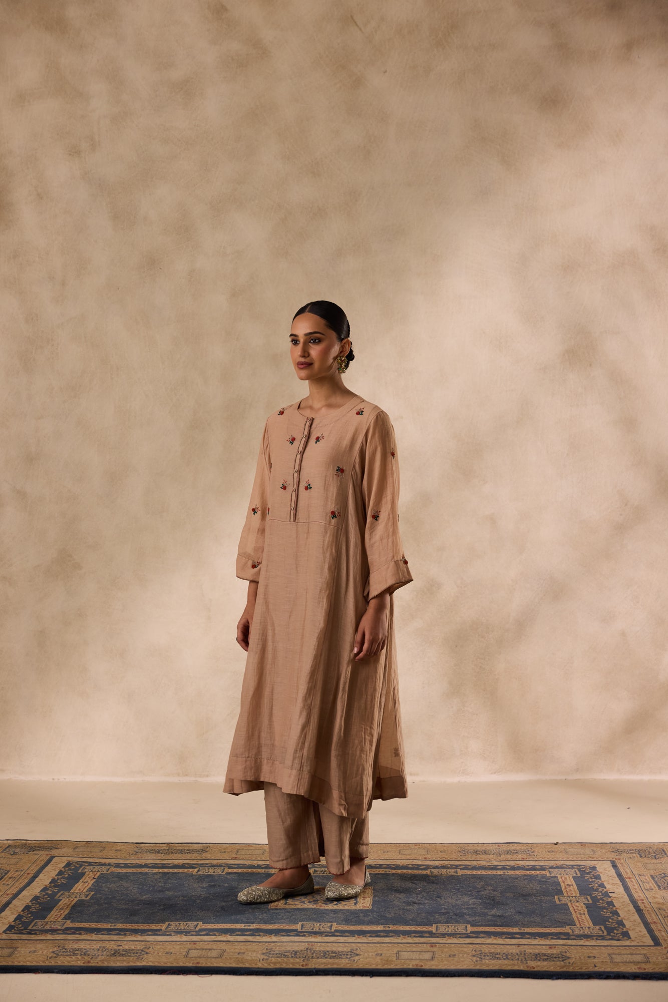 Champagne chanderi  embroidered kurta paired with organic cotton slip, pant & organza dupatta