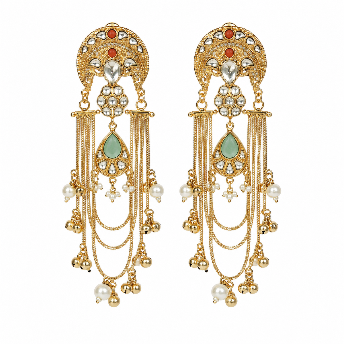 Kundan Sage Green Chain Drop Statement Earrings