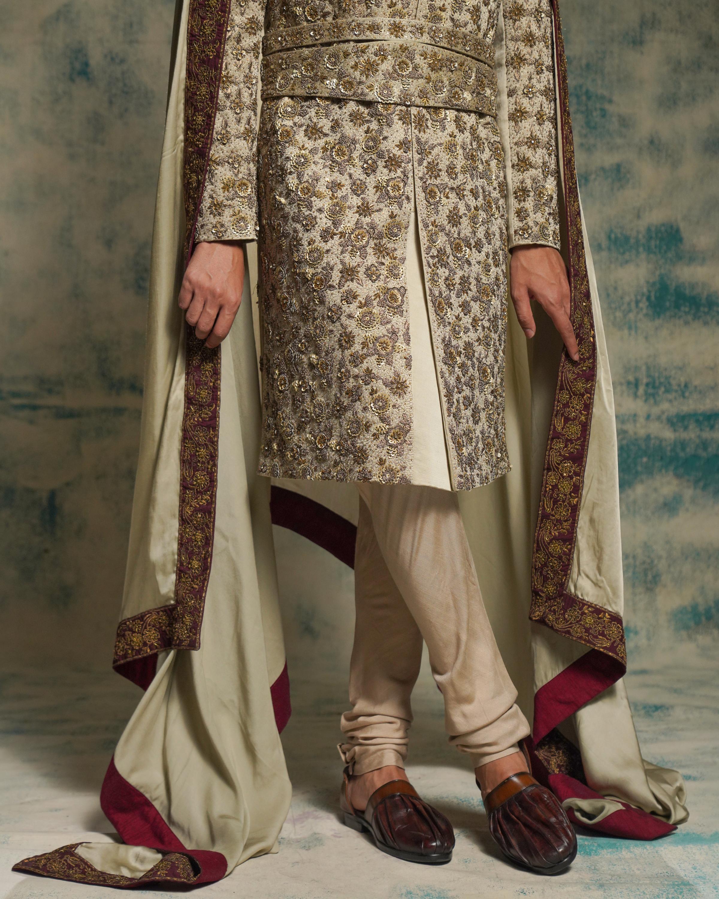 Sand Grey Linen Silk Embriodered Sherwani Set
