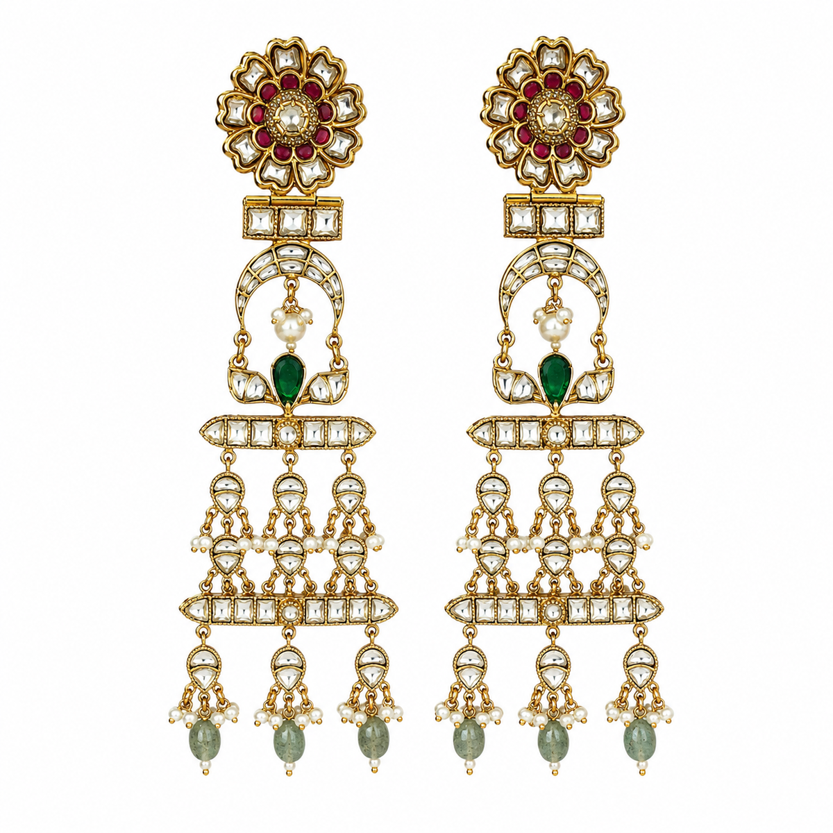 Multicolour Kundan Pearl Drop Statement Earrings