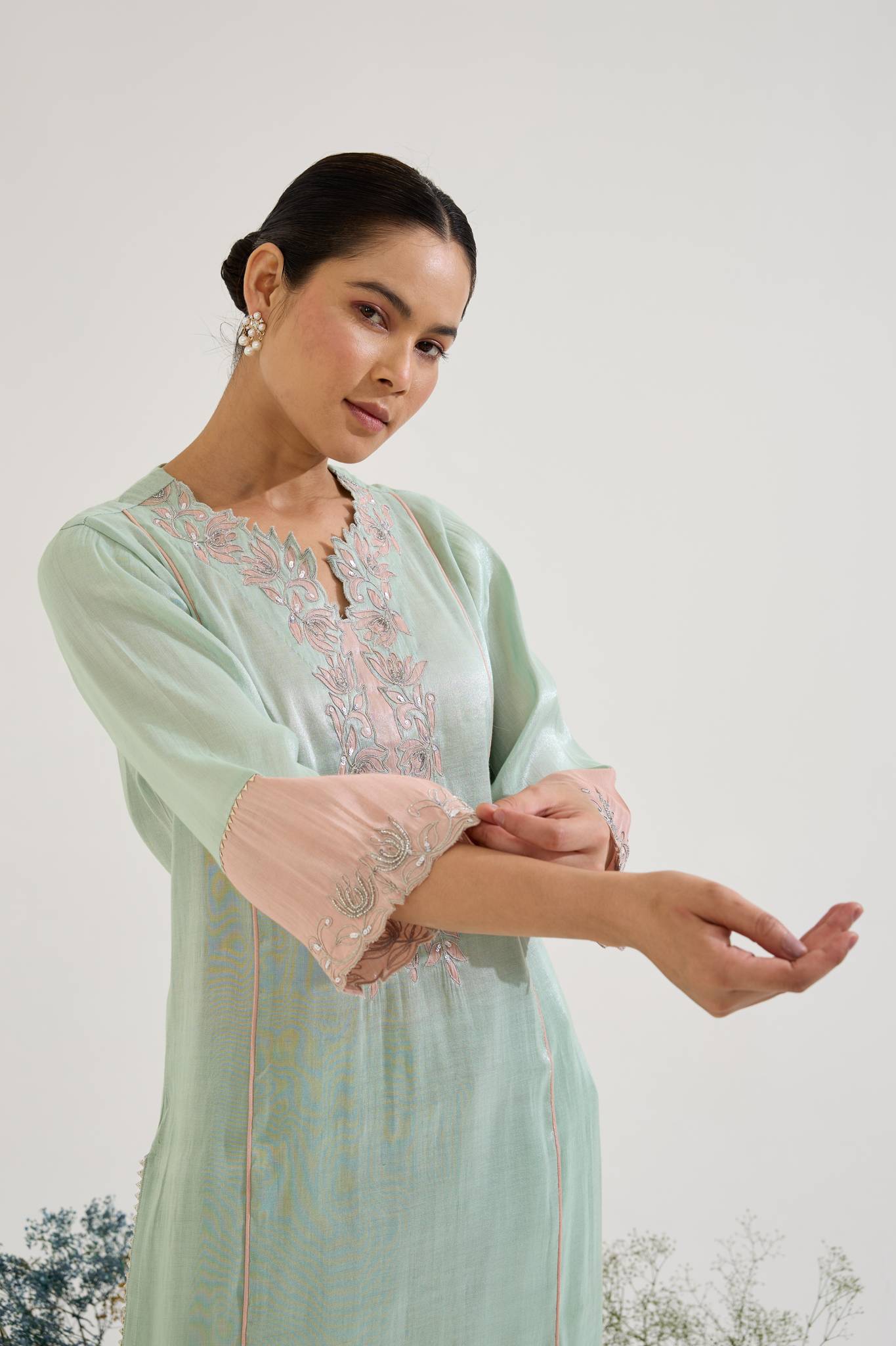 Mint Lotus Applique Tissue Kurta with Narrow Pants - Set of 2