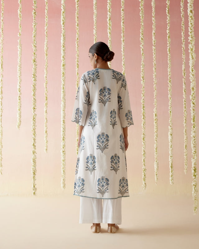Salvia Blue Floral Buta Kurta with Wide Leg Pants- Set of 2
