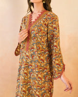 Brown Petal Scallop Cotton Kurta with Tulip Pants