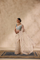Ivory organza french knot cross stitch embroidered saree comes with unstitched & unembroidered blouse fabric in chanderi