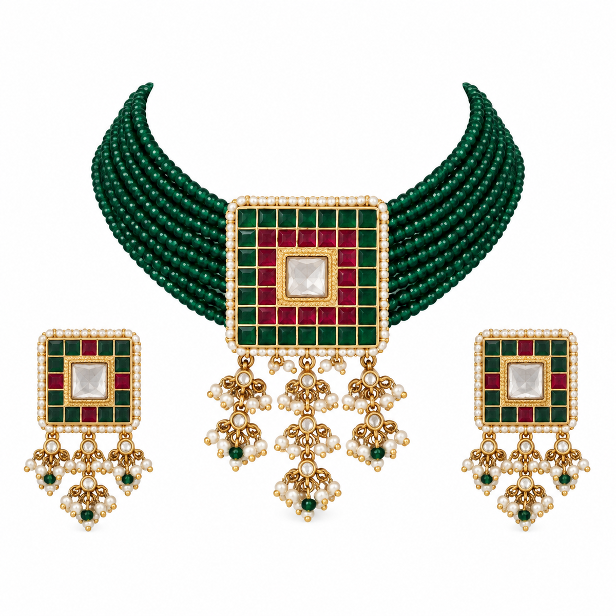 Emerald Green Beaded Square Choker Necklace Set 16