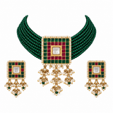 Emerald Green Beaded Square Choker Necklace Set 16
