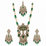 Emerald Green Semi-Precious Stone Kundan Long Necklace Set with Maang Tikka