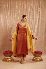 Rust Sequins Gota Tissue Kurta with 
Wide Leg Pants