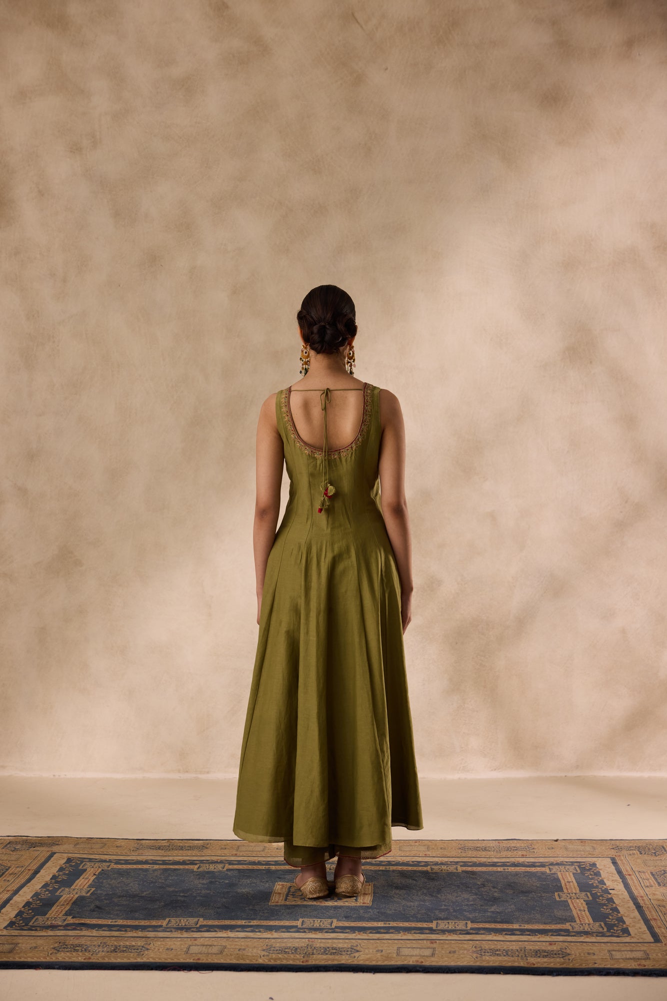 Mehendi green cotton silk  dori work and resham embroiderd anarkali paired with pant & organza heavy border dupatta