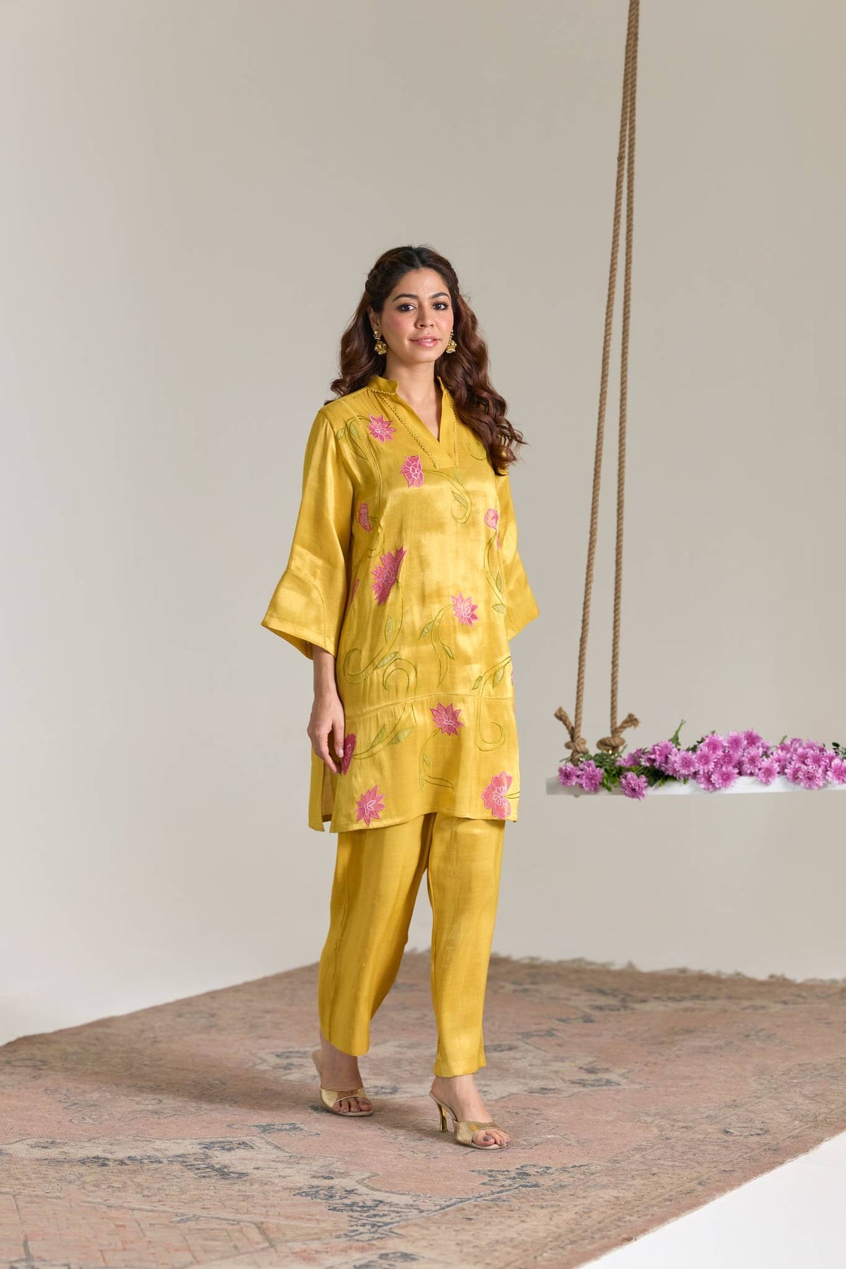 Fuschia Yellow Applique Embroidered Tissue Kurta Set - Set of 2