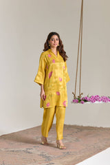 Fuschia Yellow Applique Embroidered Tissue Kurta Set - Set of 2