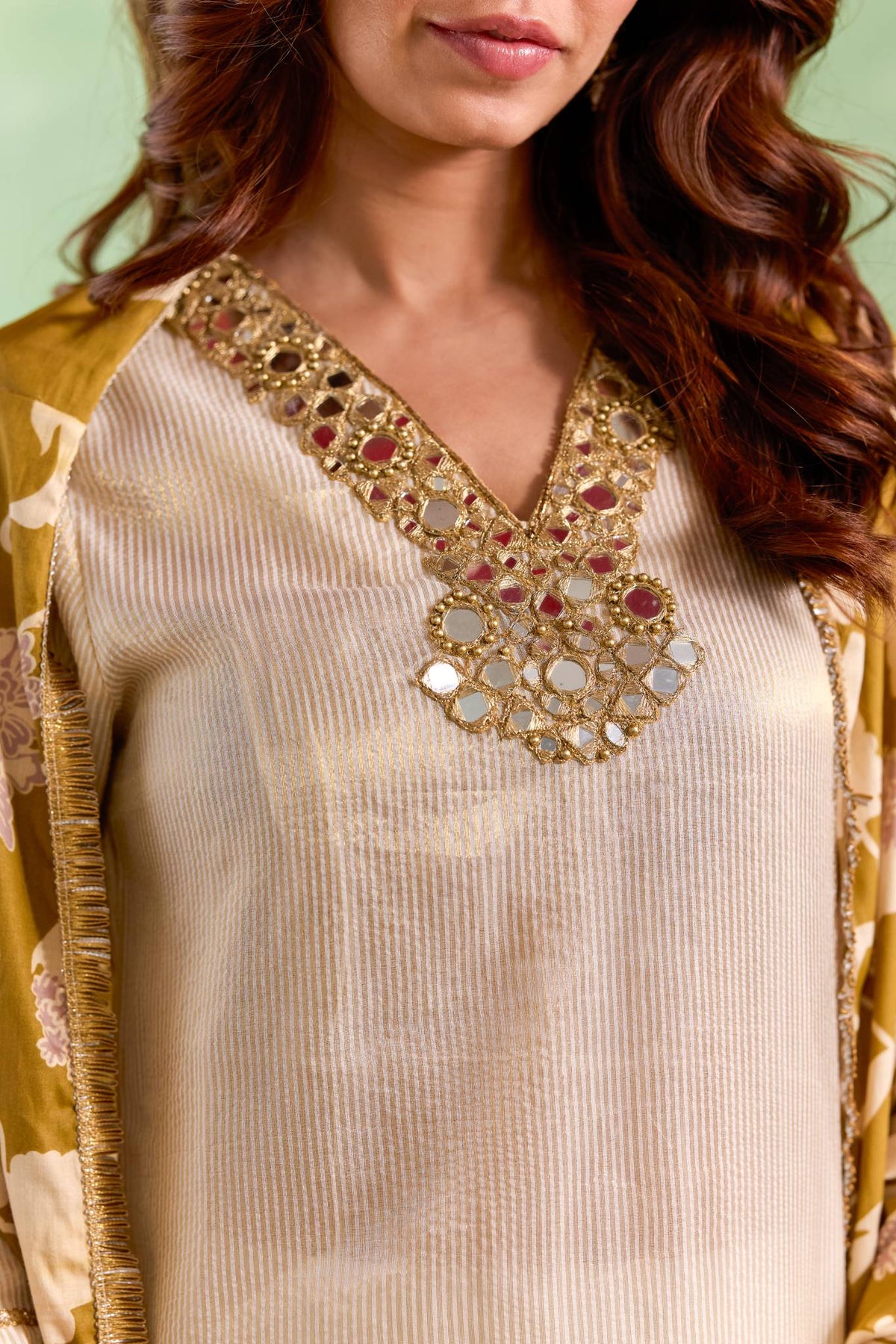 Gold Mirror Embroidered Chanderi Stripe Kurta Set - Set of 2