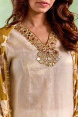 Gold Mirror Embroidered Chanderi Stripe Kurta Set - Set of 2
