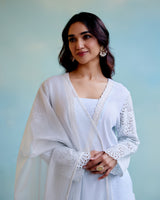 Periwinkle Blue Kurta in Cotton Dobby with Lace Detaling and Scallop Sleeves