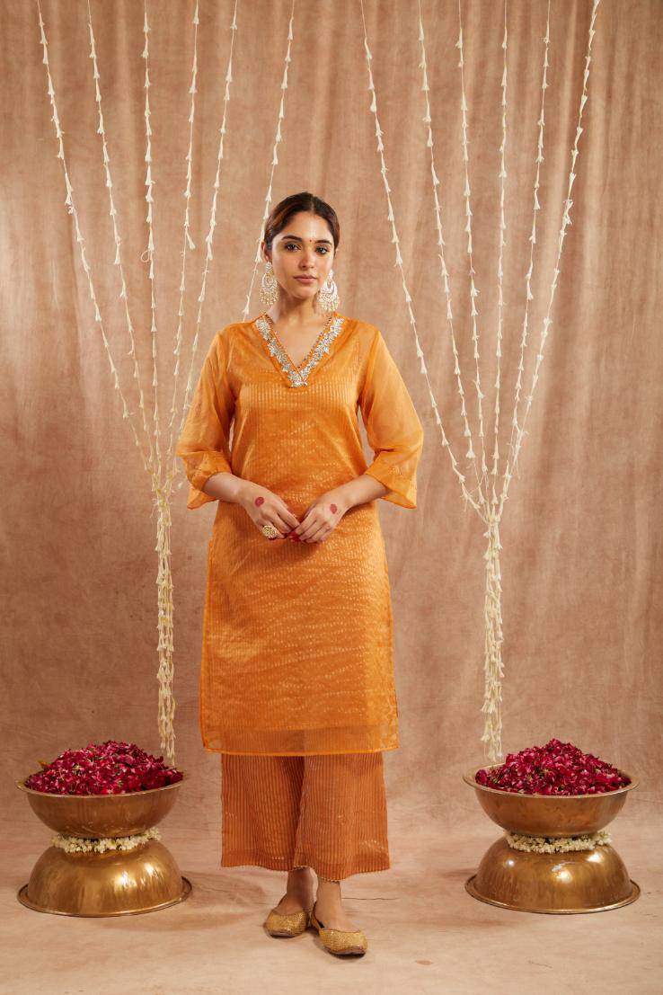Orange Lily Floral Embroidred Kurta with Flared Pants