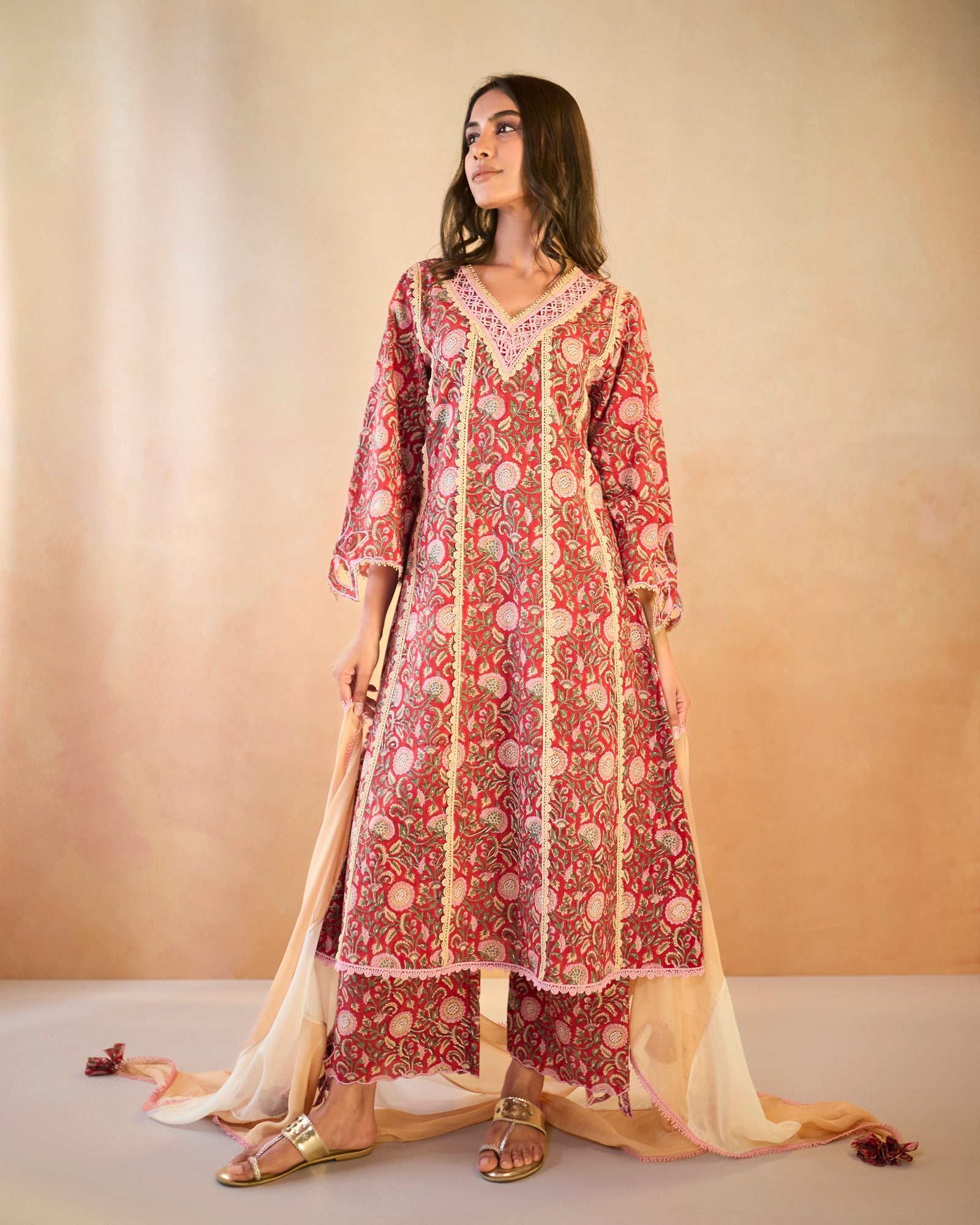 Rosy Chintz Cutwork Cotton Kurta with Wide Leg Pants