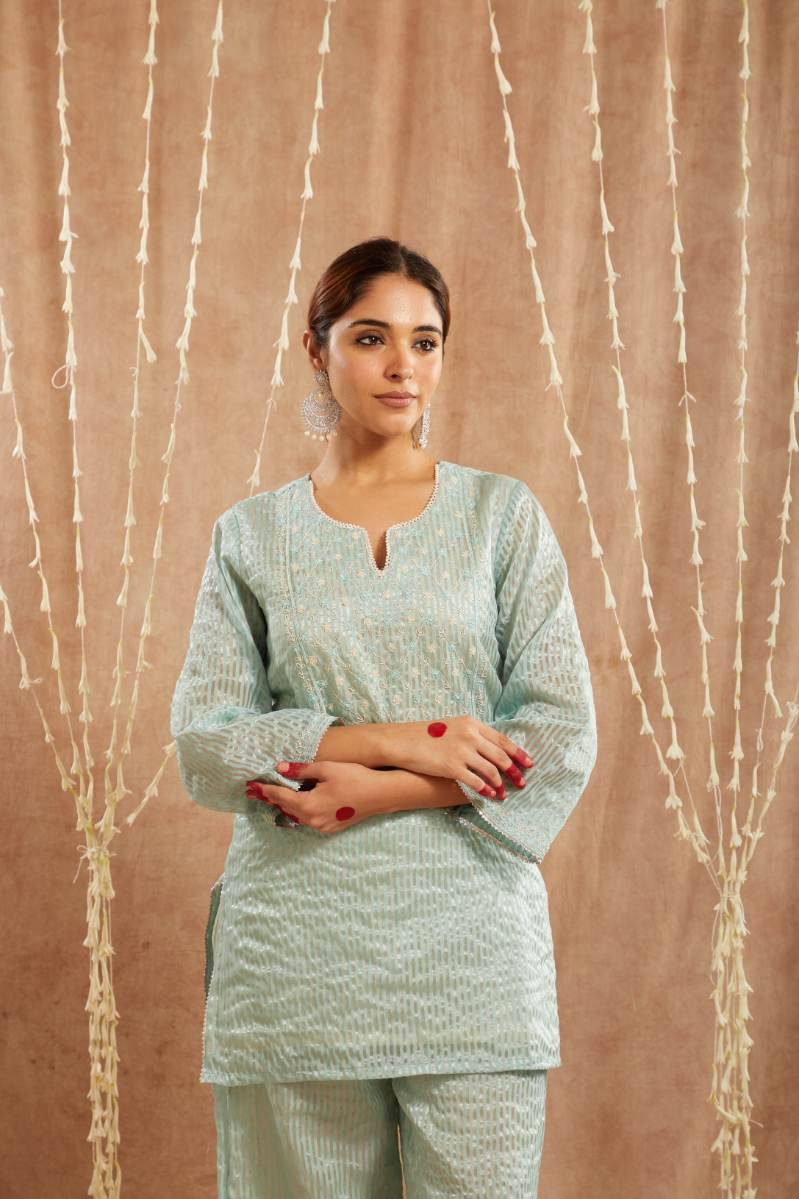 Blue Moroccan Dori Kurta with 
Flared Pants