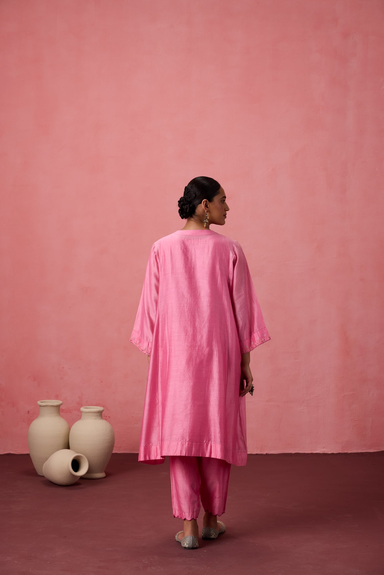 Pink chanderi dori work and resham embroidered kurta paired with organic cotton slip, Salwar & organza dupatta