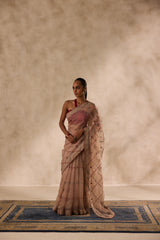 Beige organza jaal embroidered saree comes with unstitched & unembroidered blouse fabric in chanderi