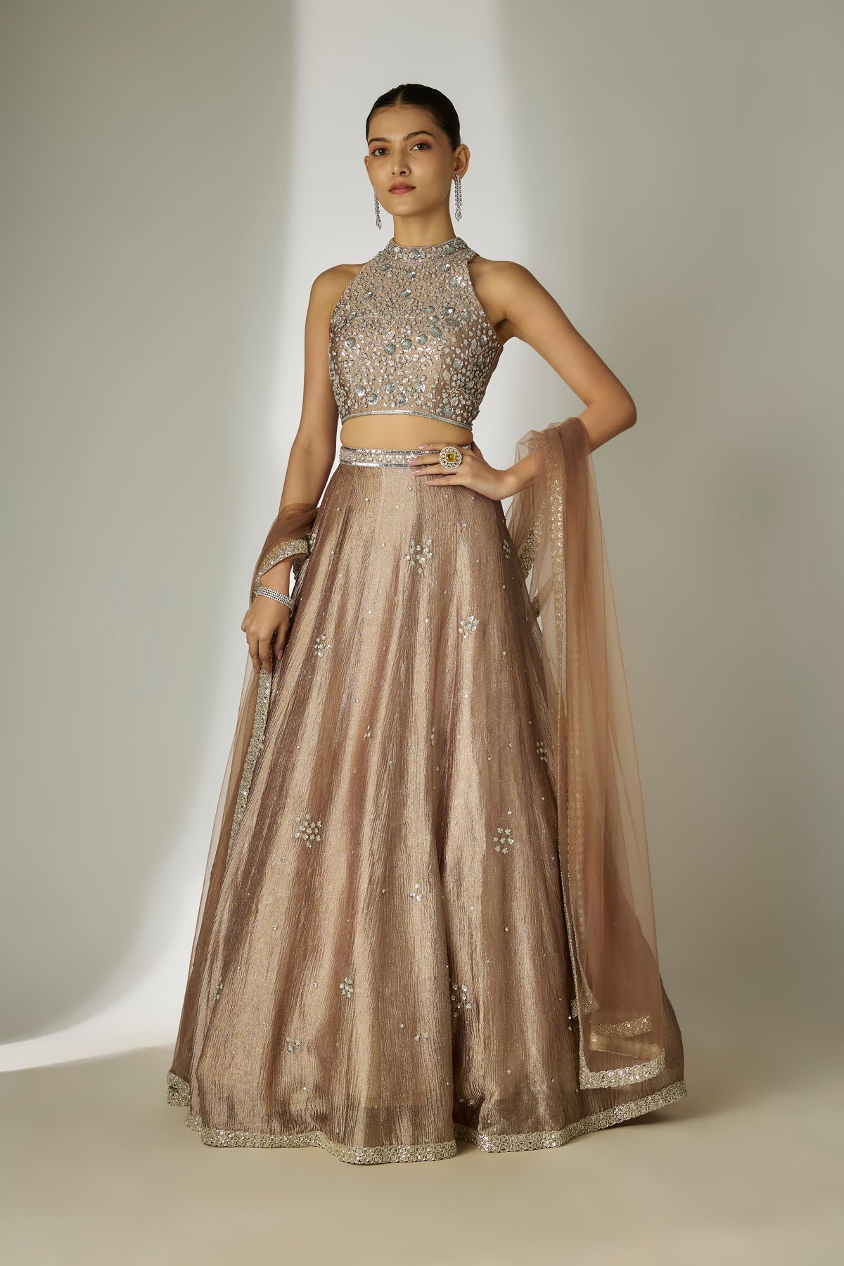 Grey Floral Halter Lehenga Set