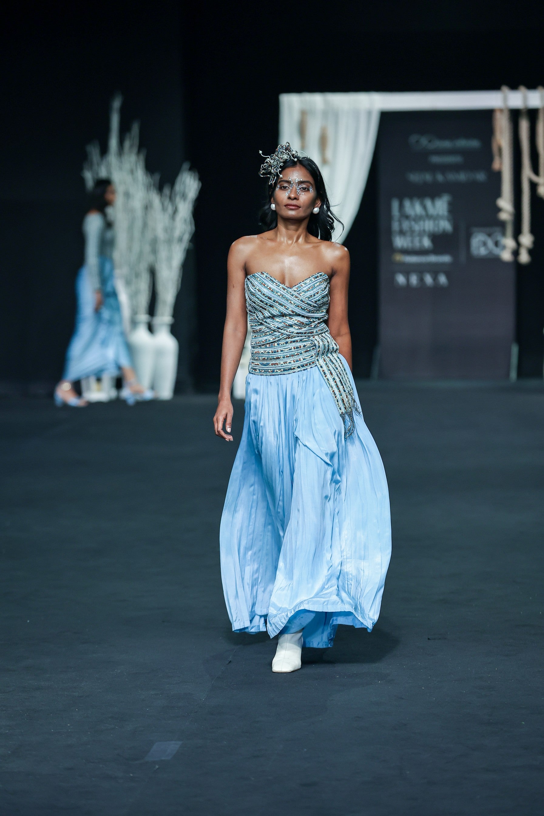 Powder blue ajrakh stripped corset with Pleated pants