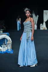 Powder blue ajrakh stripped corset with Pleated pants