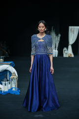 Deep blue ajrakh embellished jumpsuit with fully embsllished ajrakh stripwork cape jacket