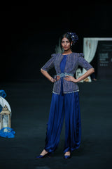 Deep blue side cowl jumpsuit with Ajrakh embellished jacket with patchwork waistbelt