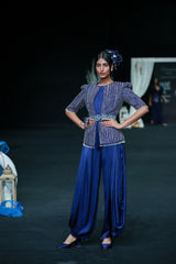 Deep blue side cowl jumpsuit with Ajrakh embellished jacket with patchwork waistbelt