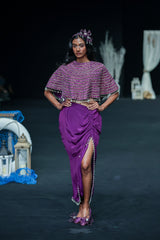 Dark purple Ajrakh stripwork capelet with purple bralette and drape skirt