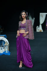 Dark purple Fully embroidered ajrakh cape jacket with heavily embellished blouse and drape skirt