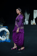 Dark Purple embroidered  angarkha  jacket with drape dhoti skirt