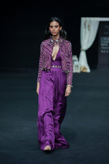 Dark purple deep V neck jumpsuit with Ajrakh ebellsihed jacket