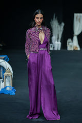 Dark purple deep V neck jumpsuit with Ajrakh ebellsihed jacket