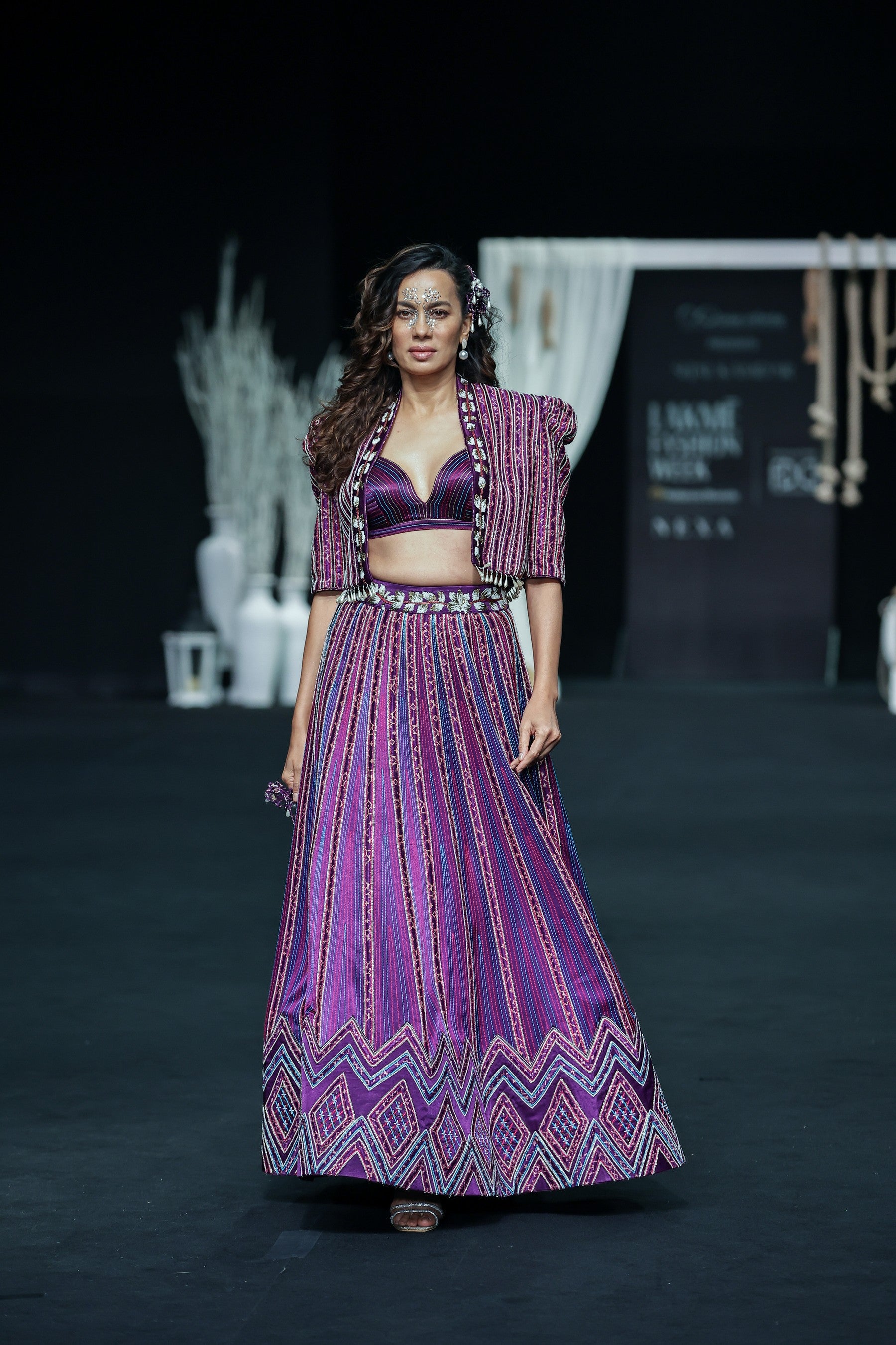Dark purple Fully embellished Ajrakh lehenga and jacket with bralette