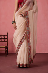Champagne organza heavy cutwork border saree comes with unstitched & unembroidered blouse fabric in chanderi