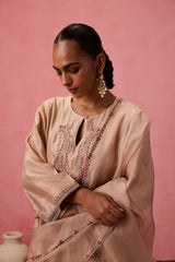 Champagne chanderi dori work  and resham embroidered kurta paired with pant & organza dupatta