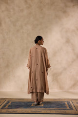 Champagne chanderi  embroidered kurta paired with organic cotton slip, pant & organza dupatta