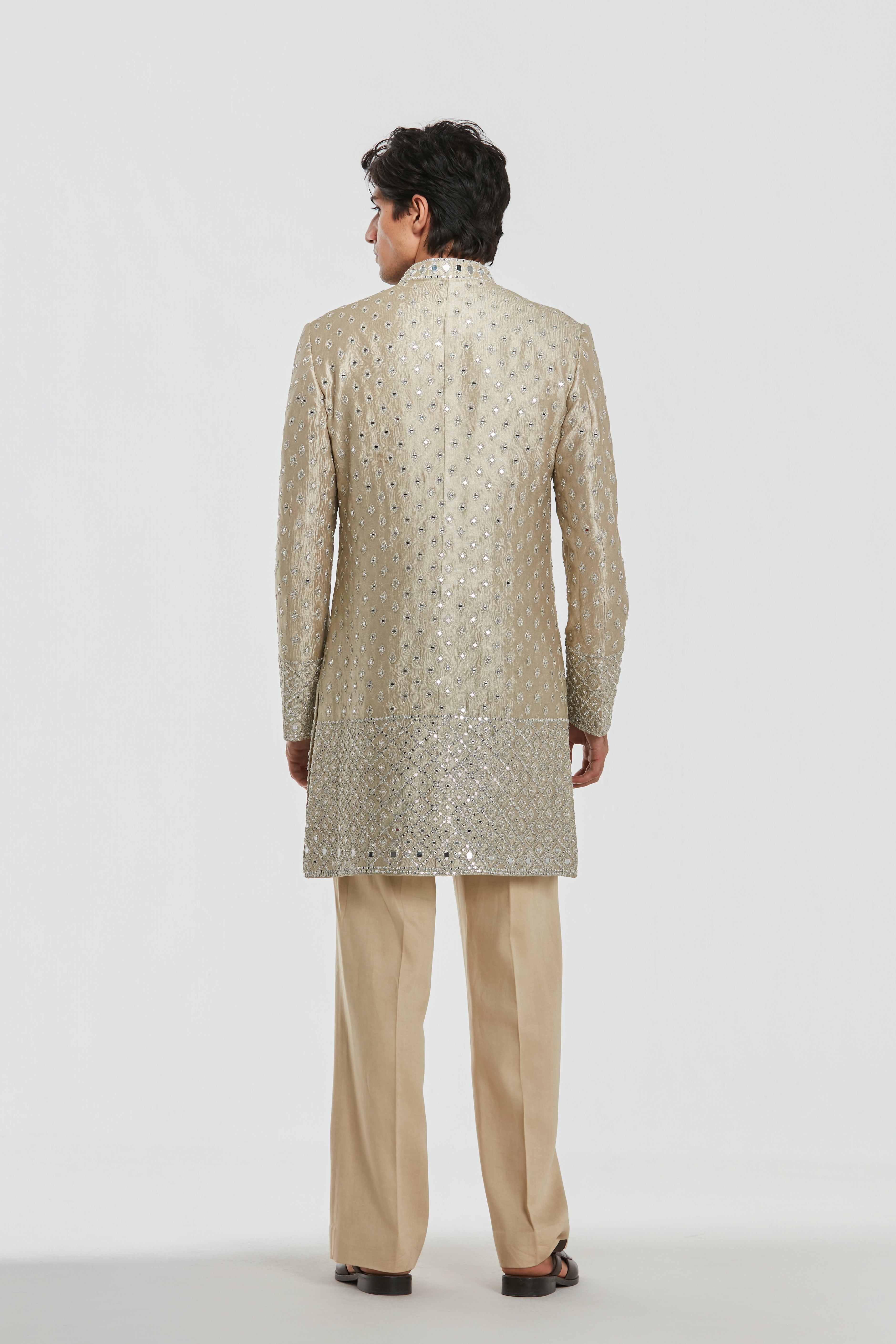 Sherwani - Tissue , Stole and kurta - Heavy chanderi , Pant - cotton twill