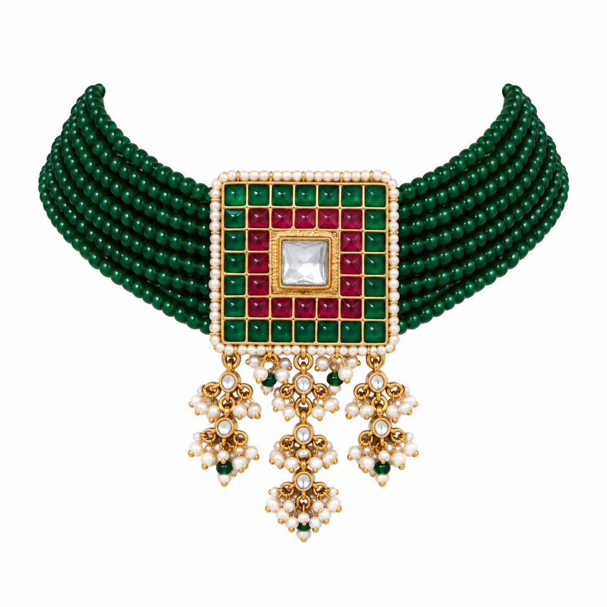 Emerald Green Beaded Square Choker Necklace Set 16