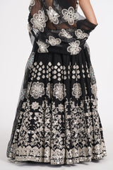 Jet black lehenga set embellished using ivory details