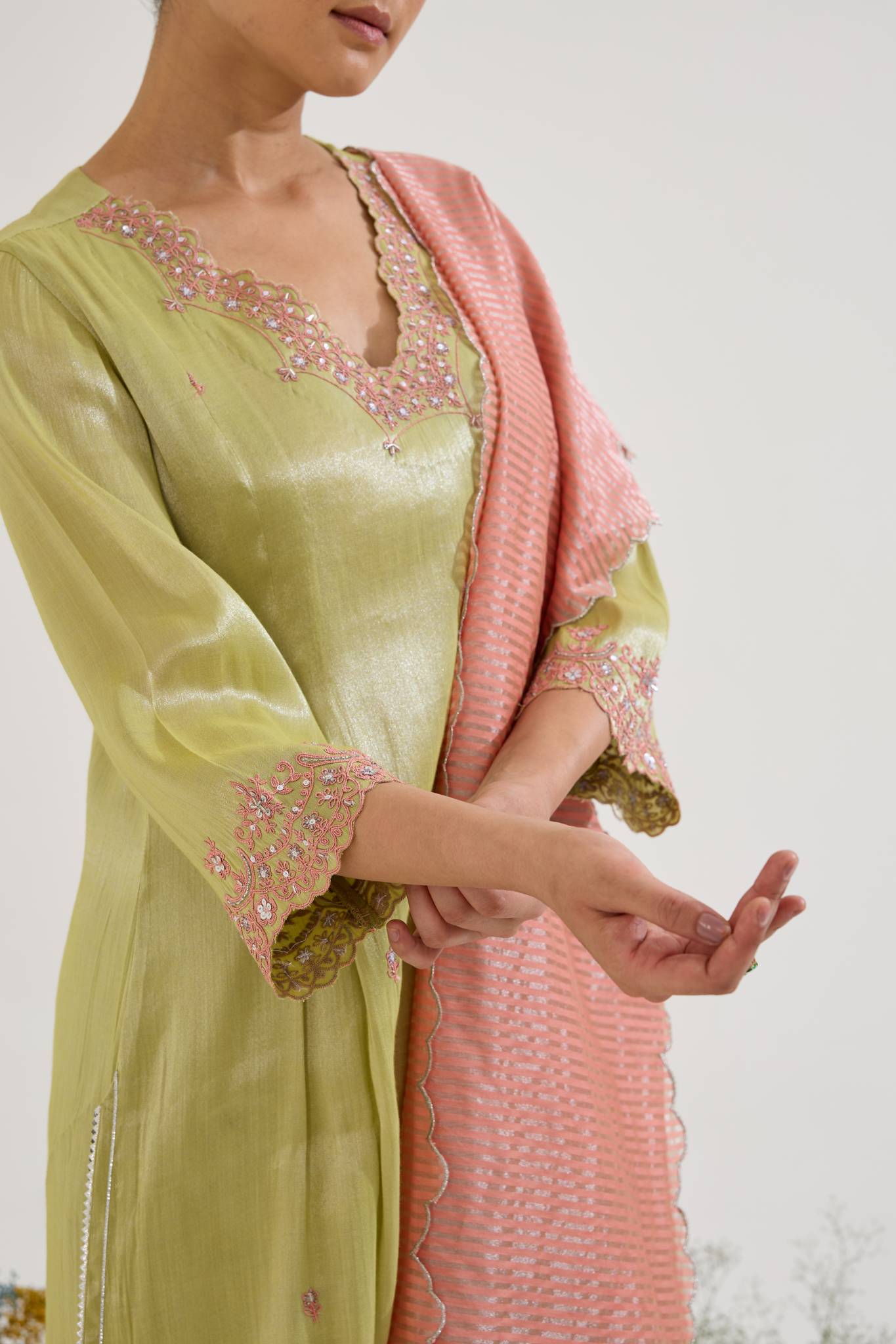 Lime Rose Dori Tissue Kurta with Wide Leg Pants - Set of 2