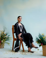 Black Blossom Kurta in Cotton Dobby with Lace Detaling and Scallop Sleeves