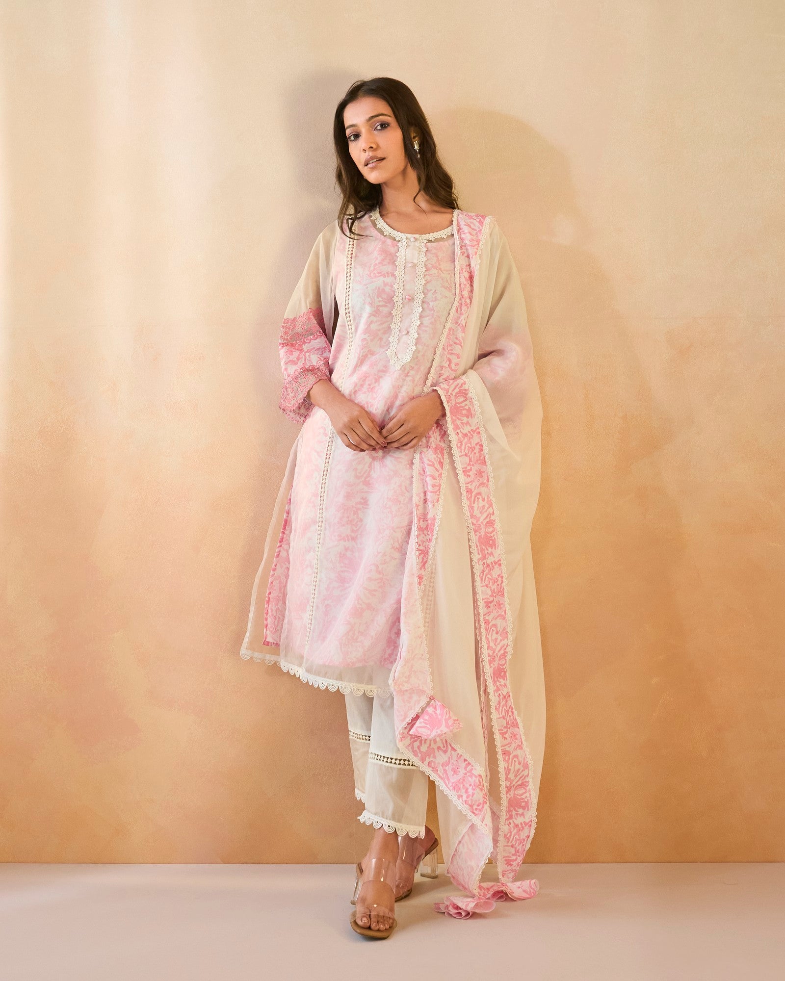Blush Floral Embroidered Organza Slip Kurta with Narrow Pants