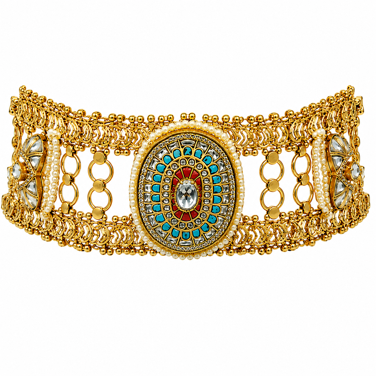 Multicoloured Handcrafted Jadau Kundan Choker Set with Pearl Accents