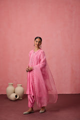 Pink chanderi dori work and resham embroidered kurta paired with organic cotton slip, Salwar & organza dupatta