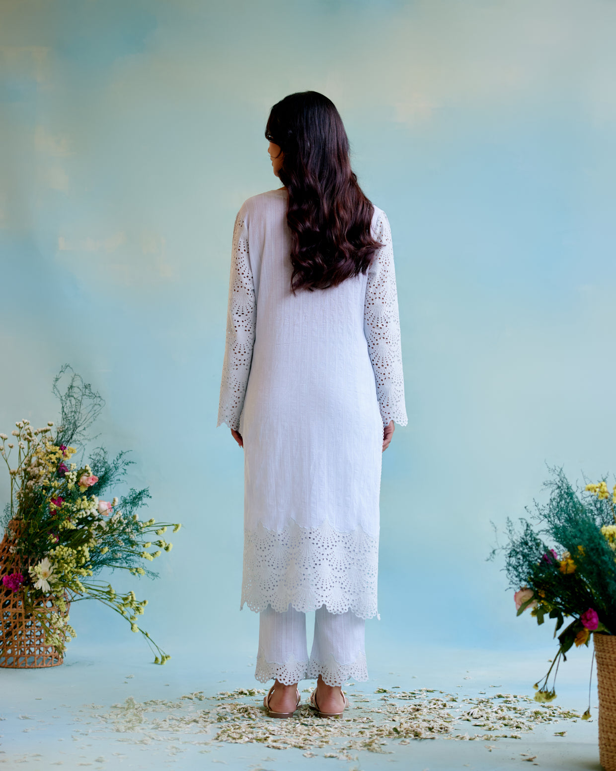 Periwinkle Blue Kurta in Cotton Dobby with Lace Detaling and Scallop Sleeves