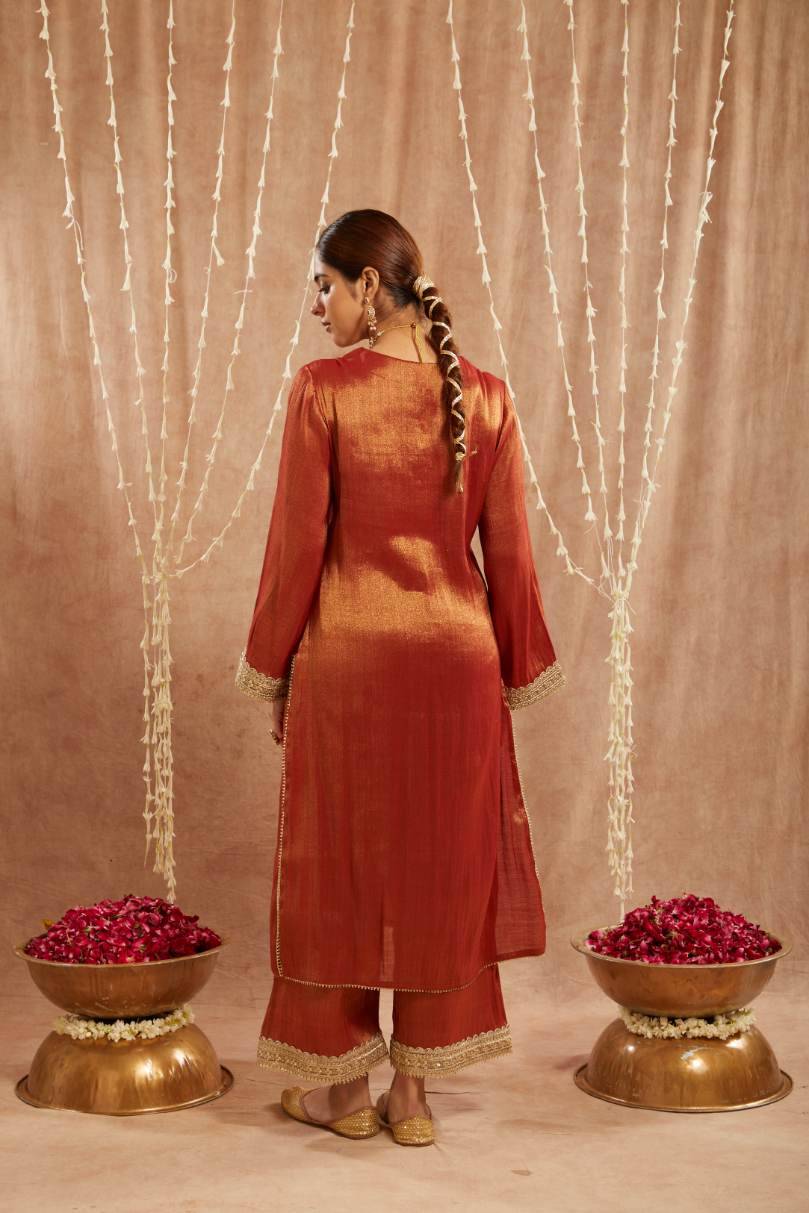 Rust Sequins Gota Tissue Kurta with 
Wide Leg Pants