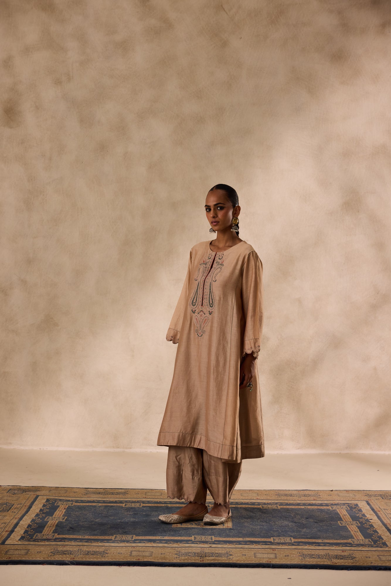 Champagne chanderi dori work  embroidered kurta paired with organic cotton slip, afgani salwar & organza dupatta